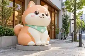 Detail of the oversized head and curved smile of a kawaii cartoon shiba inu sculpture