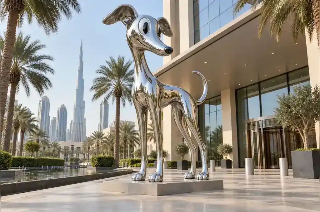 Mirror-chrome painted cartoon whippet sculpture in the arrival court of a Dubai hotel