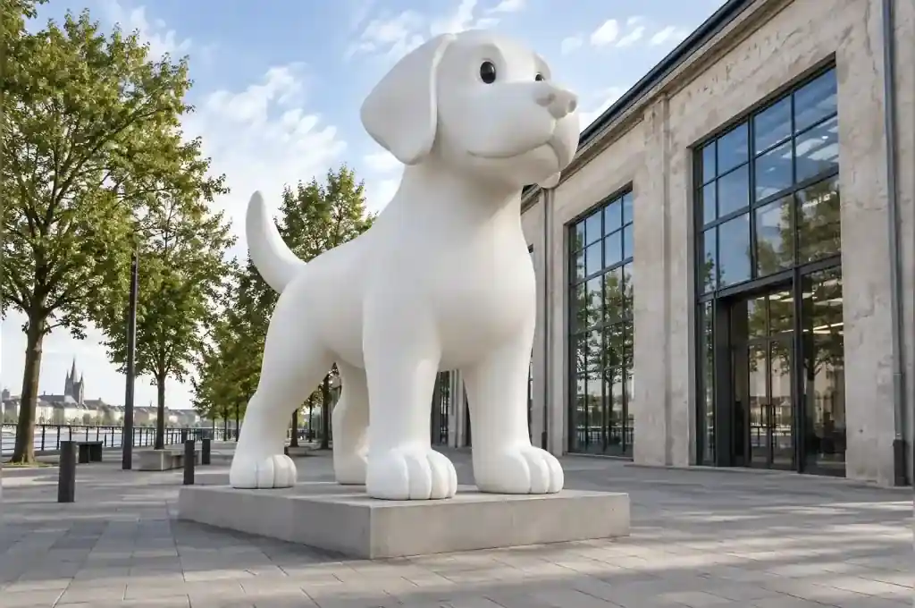 Chalk-white matte cartoon labrador sculpture in fibreglass on a Basel gallery forecourt