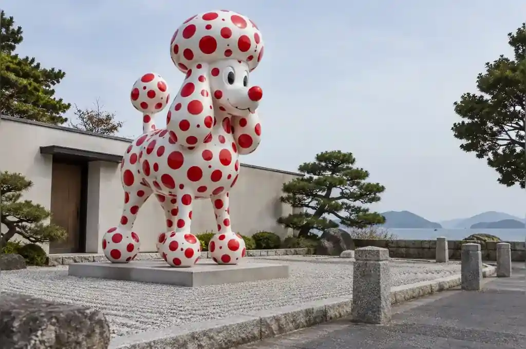 Polka-dot cartoon poodle sculpture in fibreglass in a garden on Naoshima art island