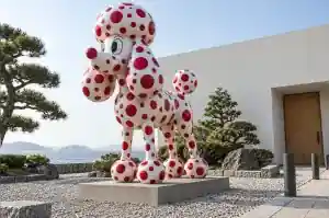 Three-quarter view of a 2.0 m cartoon poodle sculpture covered in crimson polka dots