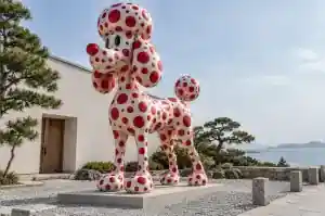 Detail of the dotted head and topknot of a cartoon poodle sculpture