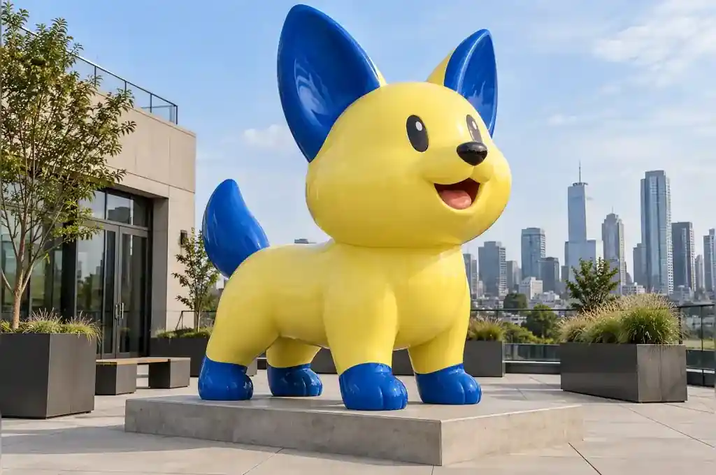 Cartoon corgi dog sculpture in gloss-painted fibreglass on an Austin office roof terrace