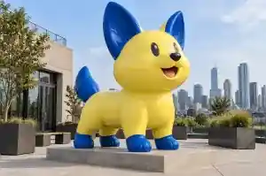 Cartoon corgi dog sculpture in gloss-painted fibreglass on an Austin office roof terrace