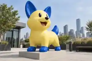 Three-quarter view of a 1.8 m art-toy style cartoon corgi sculpture in butter yellow and cobalt blue