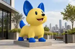 Detail of the oversized rounded head and upright ears of a cartoon corgi sculpture