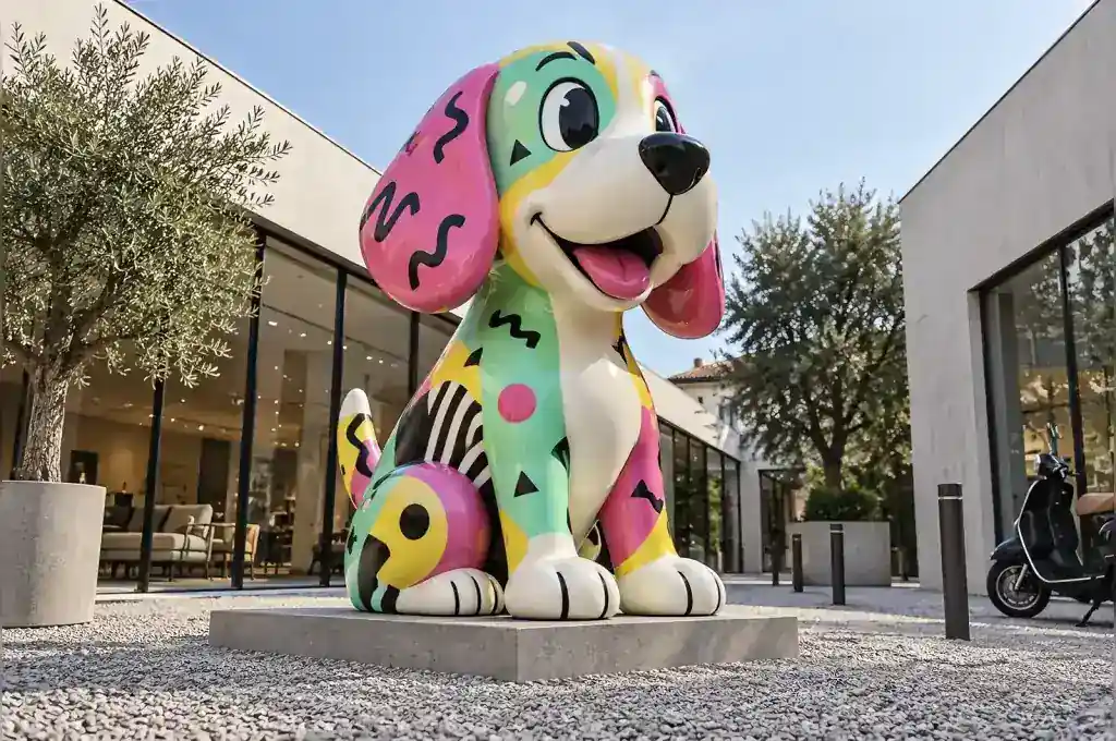 Memphis style cartoon beagle sculpture in a Milan design district showroom courtyard