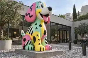Three-quarter view of a 1.9 m cartoon beagle sculpture painted in mint green, hot pink and lemon yellow
