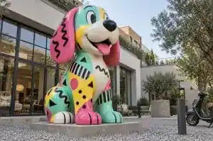 Detail of the squiggles and geometric confetti on the head of a Memphis style beagle sculpture