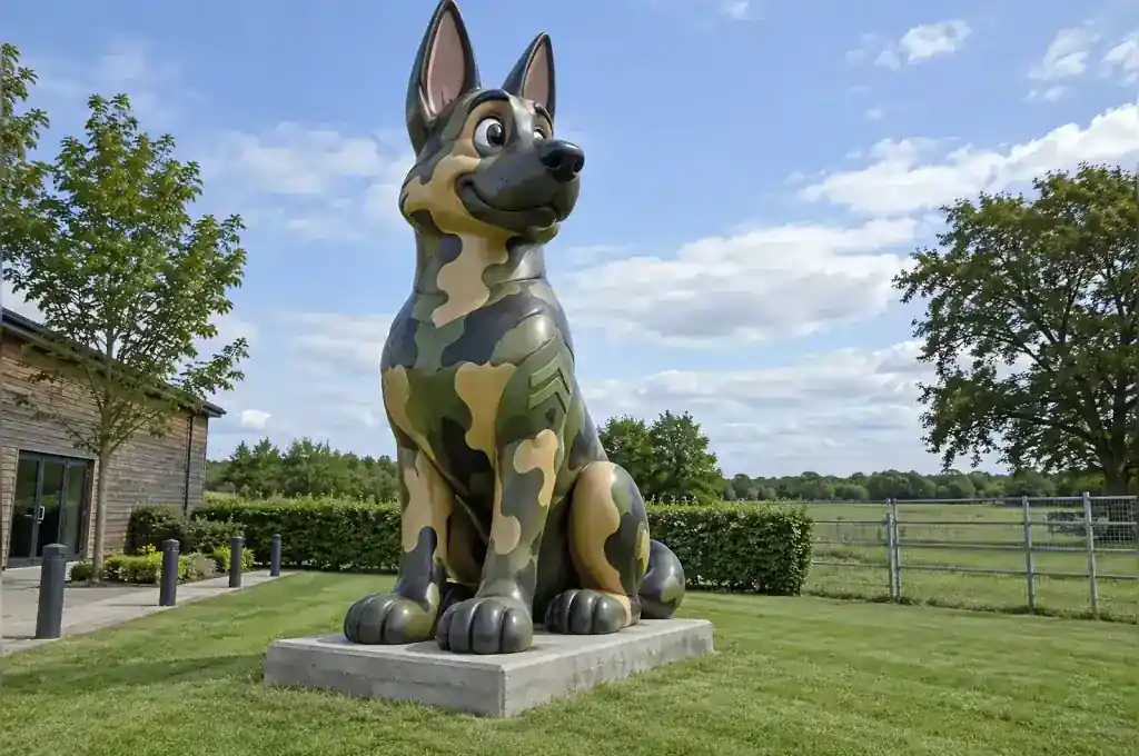 Camouflage painted cartoon German shepherd sculpture at a K9 training centre in New Zealand