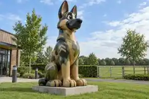 Three-quarter view of a 2.6 m cartoon German shepherd sculpture in olive and sand camouflage