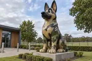 Detail of the alert upright head of a camouflage cartoon service dog sculpture
