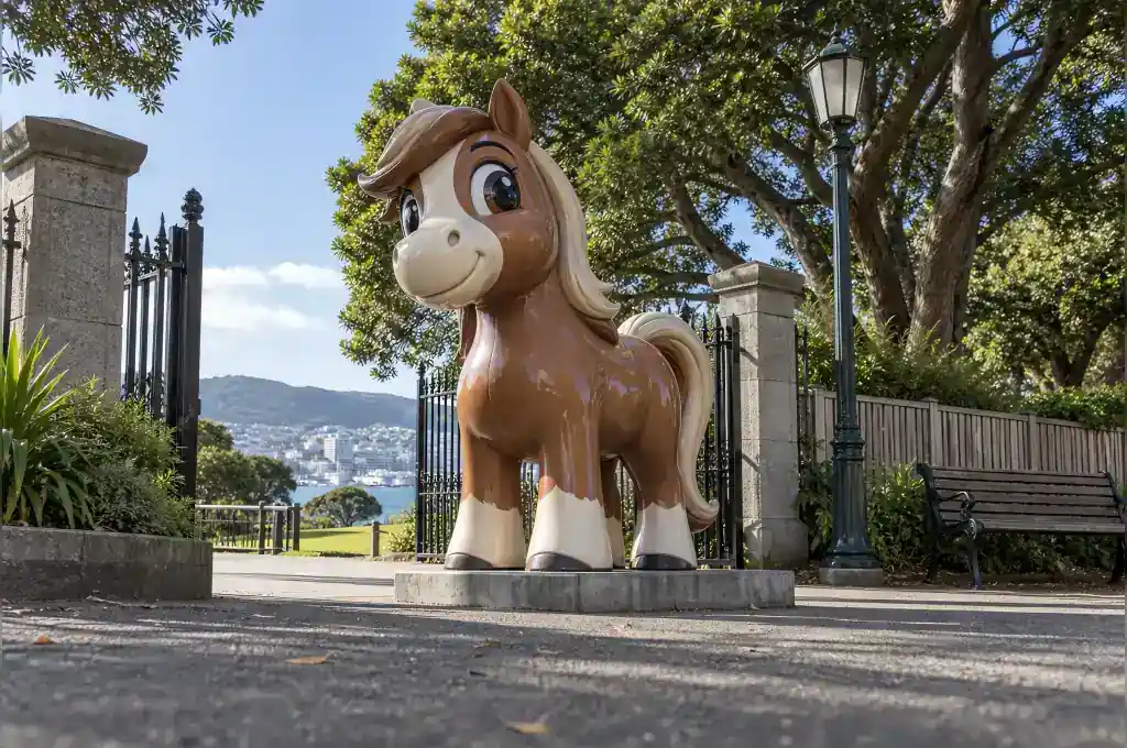 Large cartoon horse sculpture in gloss-painted fibreglass at a public park entrance in Wellington