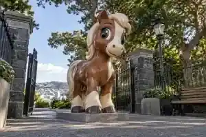 Detail of the head of a large cartoon horse fibreglass sculpture