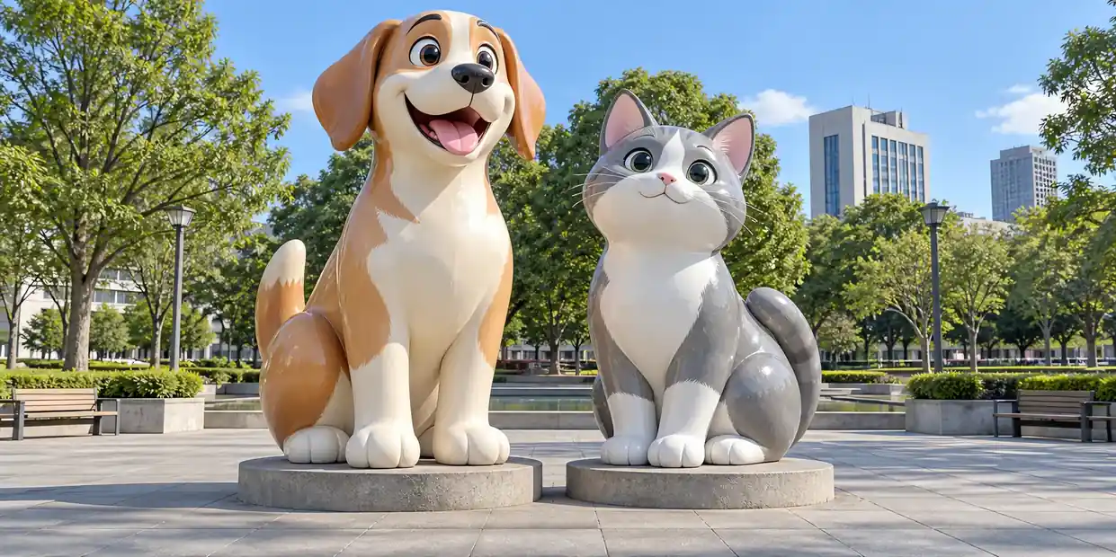 Two cartoon-style fibreglass pet sculptures, a dog and a cat, in a bright living room