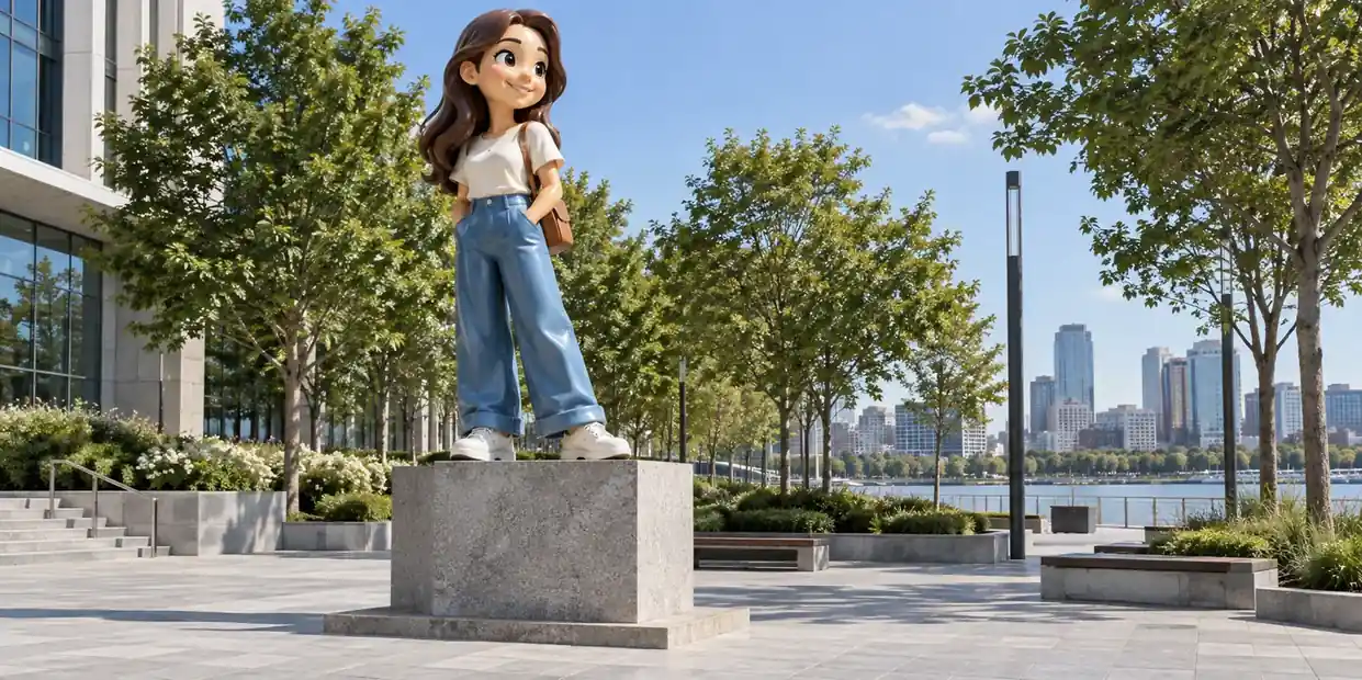 Cartoon-style caricature sculpture of a smiling woman in a modern study