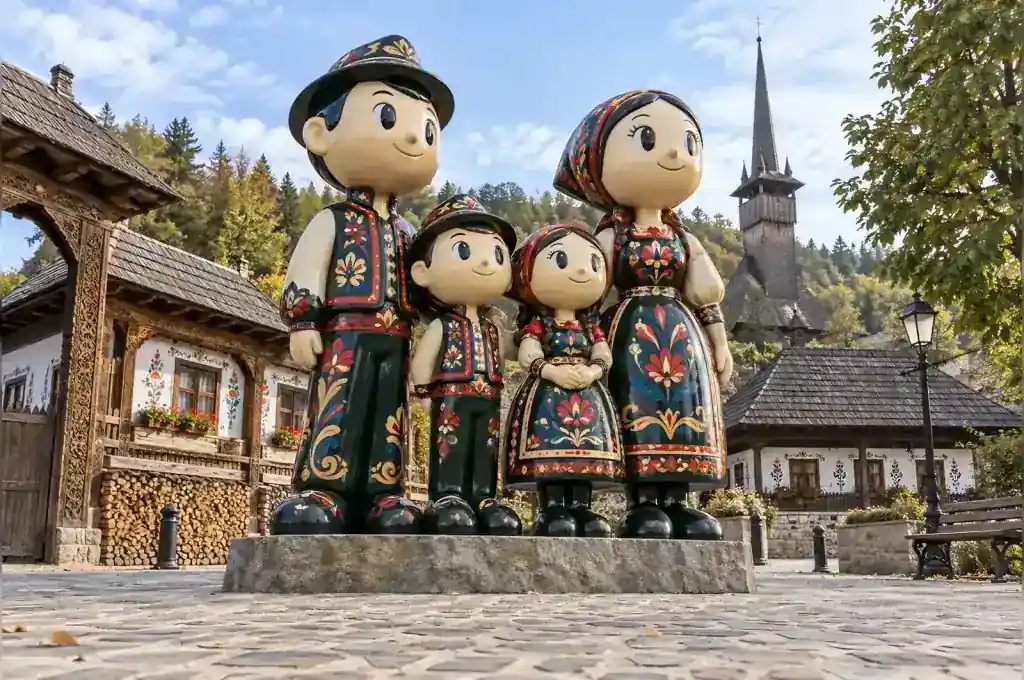 Folk painted cartoon family group sculpture of four figures in a Maramures village square