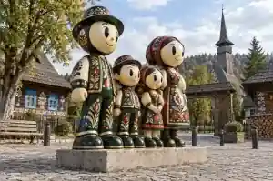 Three-quarter view of a 2.3 m dark-ground cartoon family sculpture with red and gold scrollwork