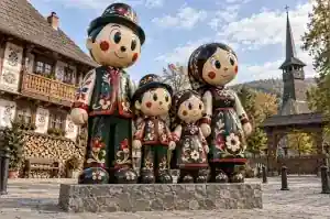 Detail of the hand-painted petal and scroll motifs on a folk style cartoon family sculpture