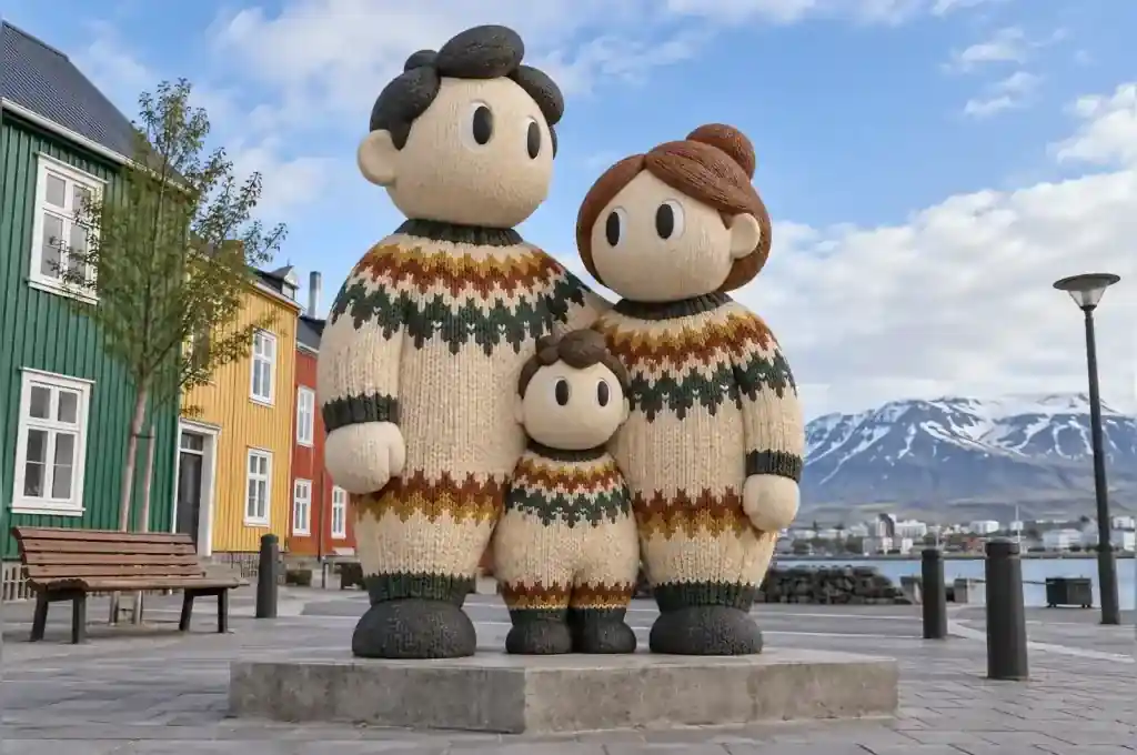Knitted look cartoon family group sculpture of three figures in a Reykjavik market square
