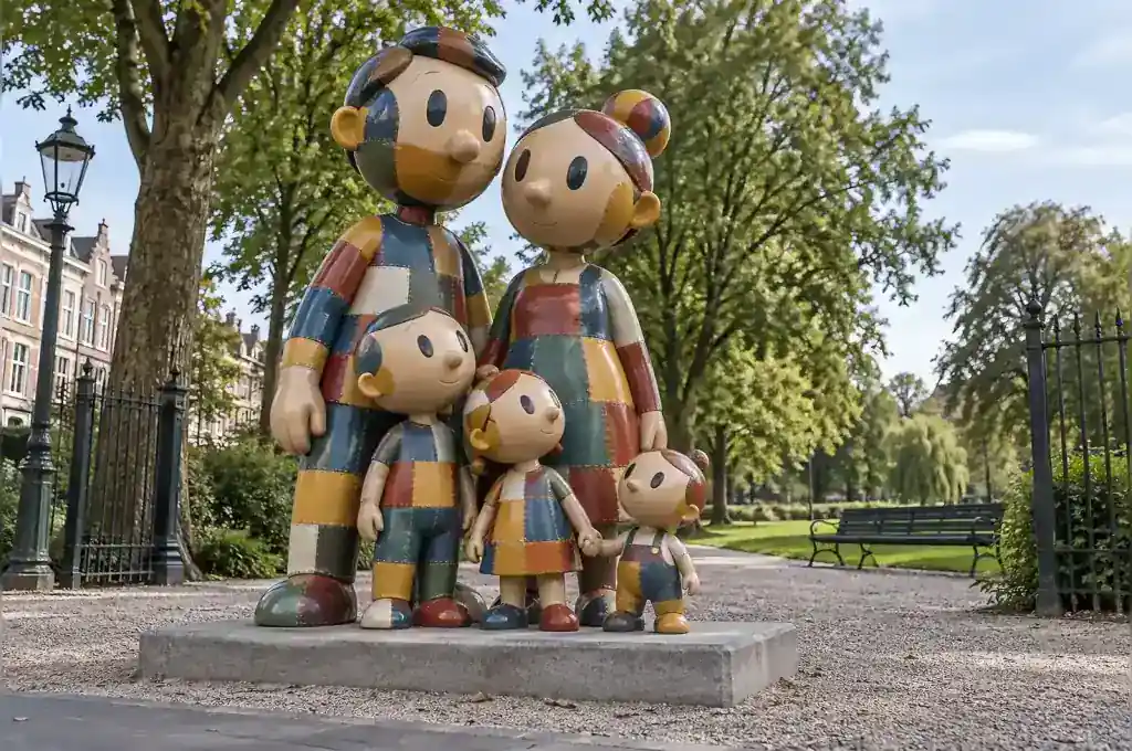 Patchwork cartoon family group sculpture of five figures at a Utrecht park entrance