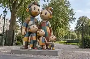 Patchwork cartoon family group sculpture of five figures at a Utrecht park entrance