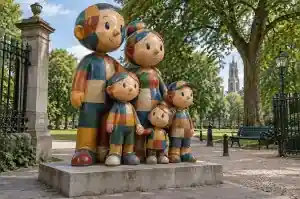 Three-quarter view of a group of five cartoon figures covered in irregular coloured quilt patches