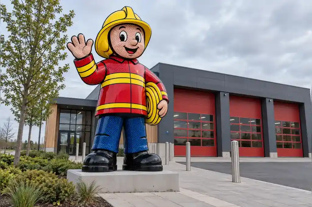 2.4 m cartoon firefighter figure standing on the paved forecourt of a fire station in Bergen, Norway