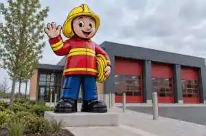 2.4 m cartoon firefighter figure standing on the paved forecourt of a fire station in Bergen, Norway