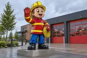 Three-quarter view of the colour-blocked painted fibreglass firefighter showing the red tunic and yellow bands