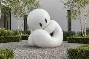 Cartoon abstract character sculpture in matte chalk-white fibreglass curled in a hospital courtyard garden
