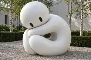 Three-quarter view of a curled cartoon character sculpture with an oversized head and a hollow through the middle