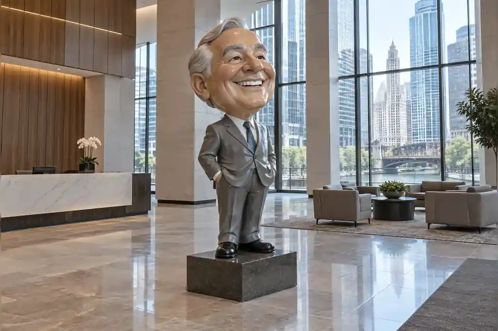 Large cartoon caricature bust of a man in gloss-painted fibreglass, Chicago corporate lobby