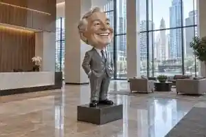 Large cartoon caricature bust of a man in gloss-painted fibreglass, Chicago corporate lobby