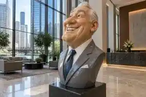 Three-quarter view of a cartoon caricature bust in a suit on a tall plinth, Chicago