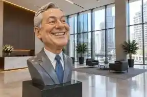 Detail of the painted face of a cartoon caricature bust sculpture