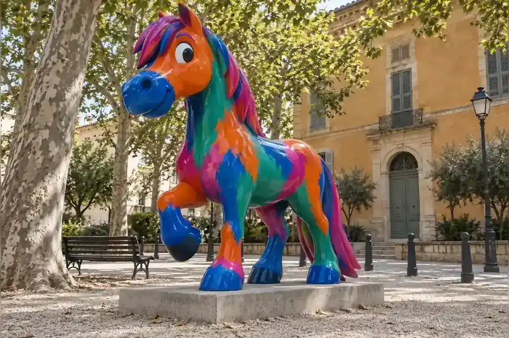 Fauvist painted cartoon horse sculpture in an Arles public garden with bold brush strokes