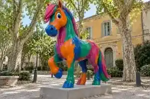 Three-quarter view of a 2.2 m cartoon horse sculpture painted in orange, viridian and magenta