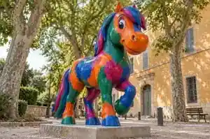 Detail of the broad painterly brush strokes on the neck of a fauvist cartoon horse sculpture