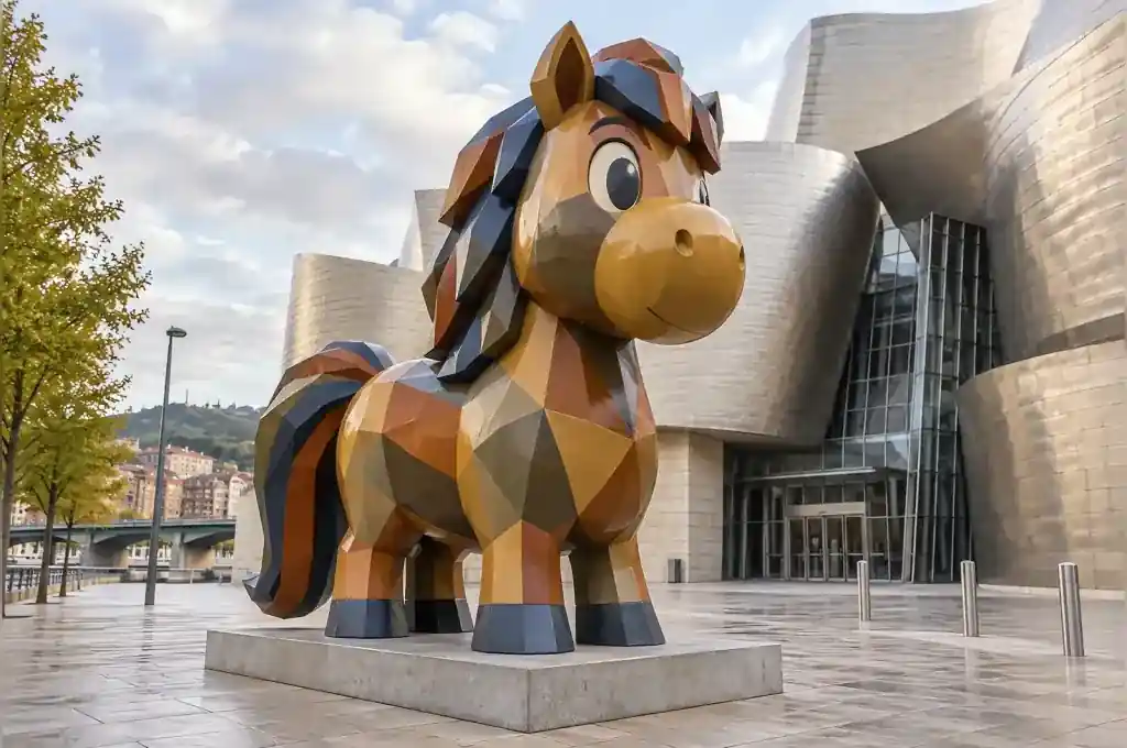 Cubist faceted cartoon pony sculpture in fibreglass on a Bilbao museum forecourt