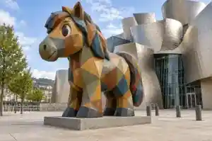 Detail of the hard-edged ochre and umber planes on the head of a cubist pony sculpture