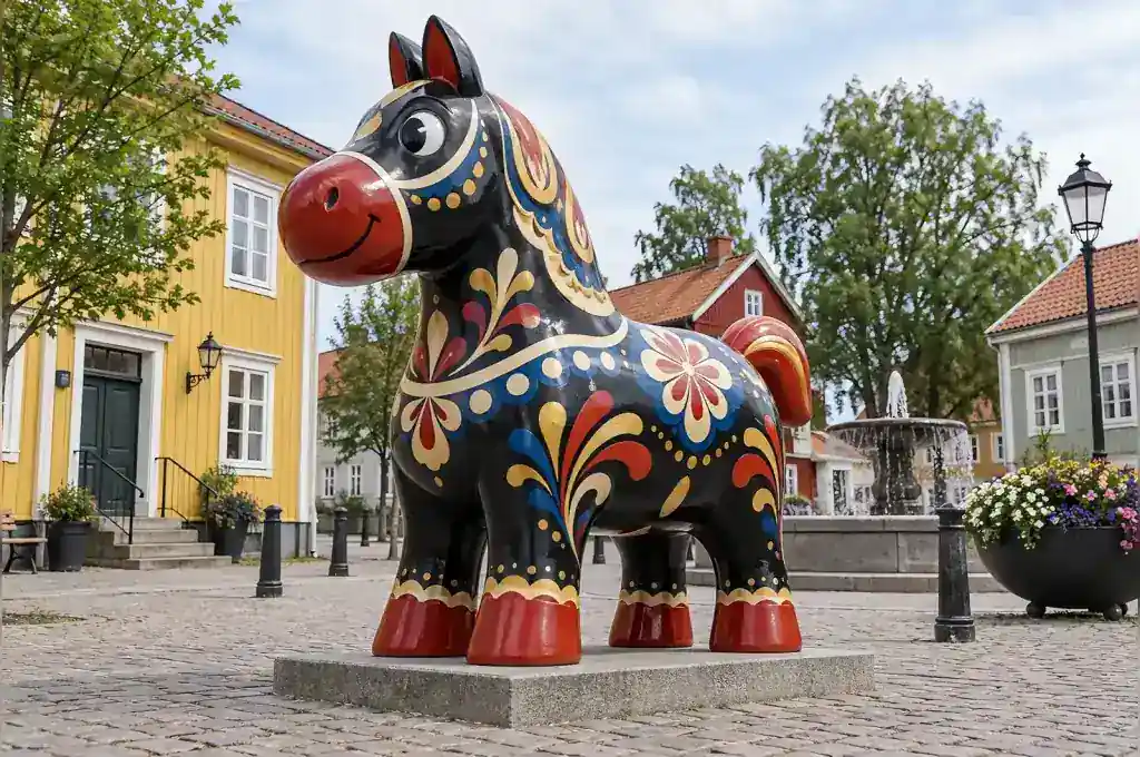 Folk painted cartoon horse sculpture in a Swedish town square with red and gold scrollwork