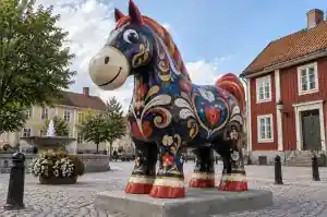 Three-quarter view of a 2.2 m dark-ground cartoon horse sculpture with painted folk decoration