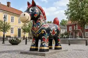 Detail of the hand-painted petals and dots on a folk-style cartoon horse sculpture