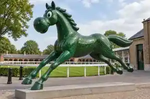 Metal flake cartoon horse sculpture in racing green at a Newmarket racecourse parade ring