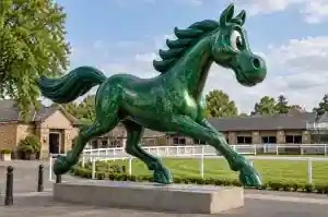 Three-quarter view of a 2.3 m glitter-flake cartoon horse sculpture in deep racing green