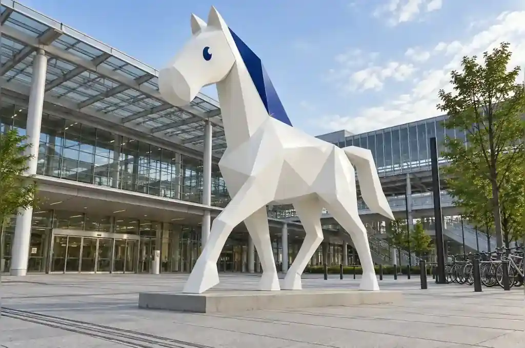 Origami cartoon horse sculpture in fibreglass on a Kyoto station plaza