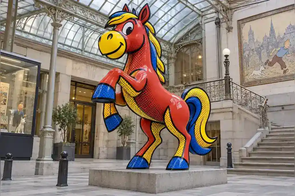 Pop art cartoon horse sculpture in fibreglass in a Brussels comic museum courtyard
