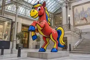 Pop art cartoon horse sculpture in fibreglass in a Brussels comic museum courtyard