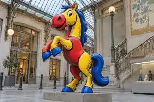 Three-quarter view of a 2.1 m cartoon horse sculpture with thick black contour lines and halftone dots
